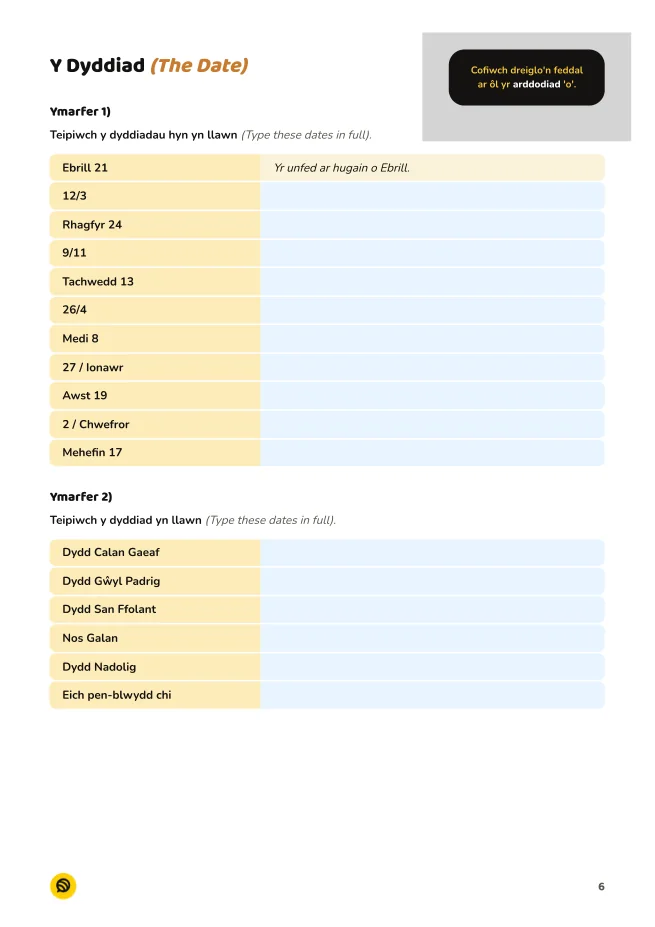Preview of a free Welsh dates exercise